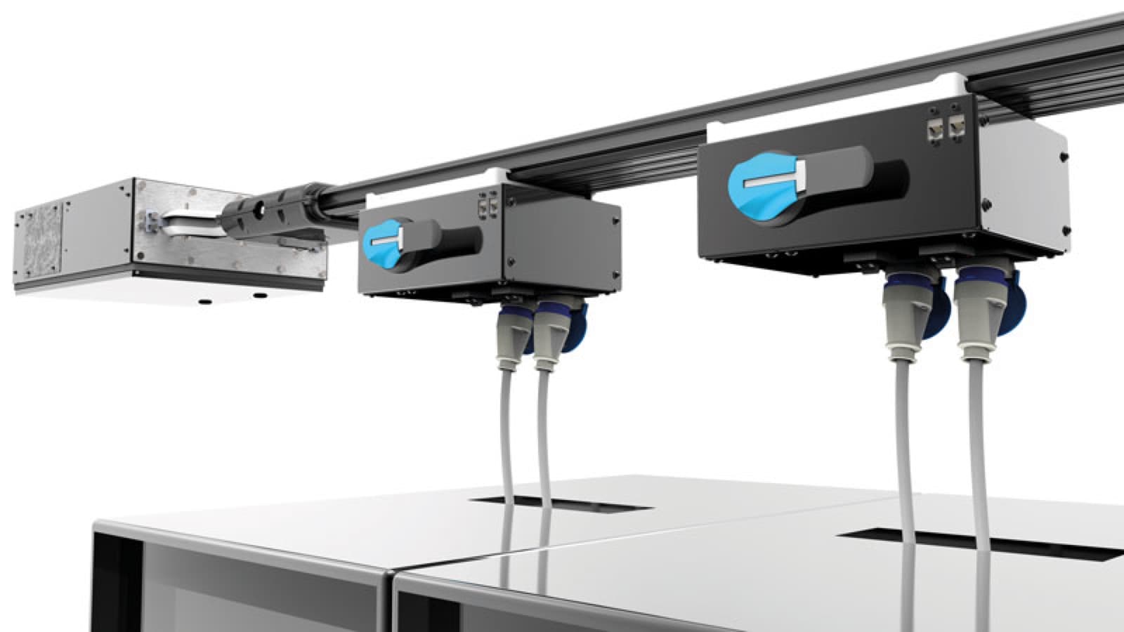 Overhead busway distribution with plug-in tap-off units